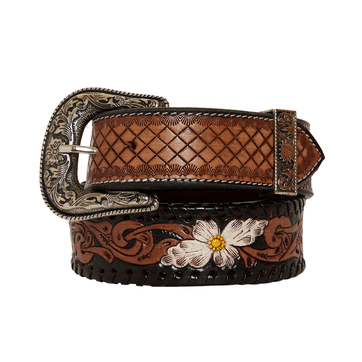 Checkered brown Hand-Tooled Leather Women's Belt – Myra USA