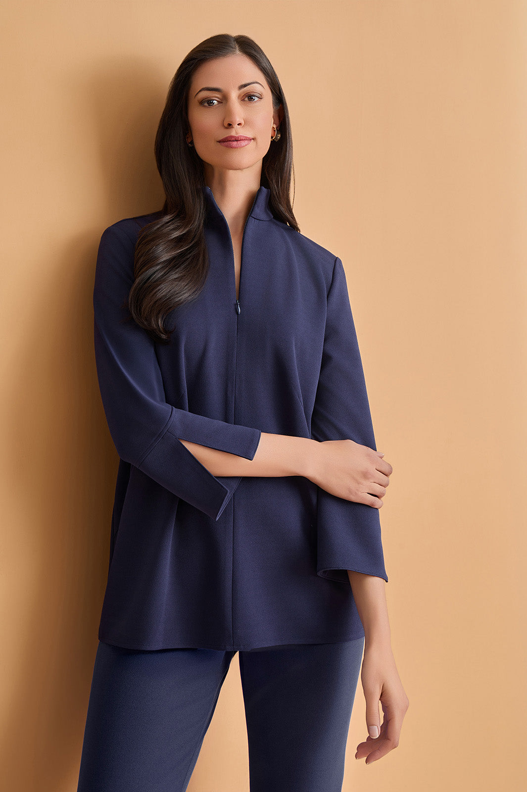 Stretch Deco Crepe Zip Front Pullover Blouse | Ming Wang