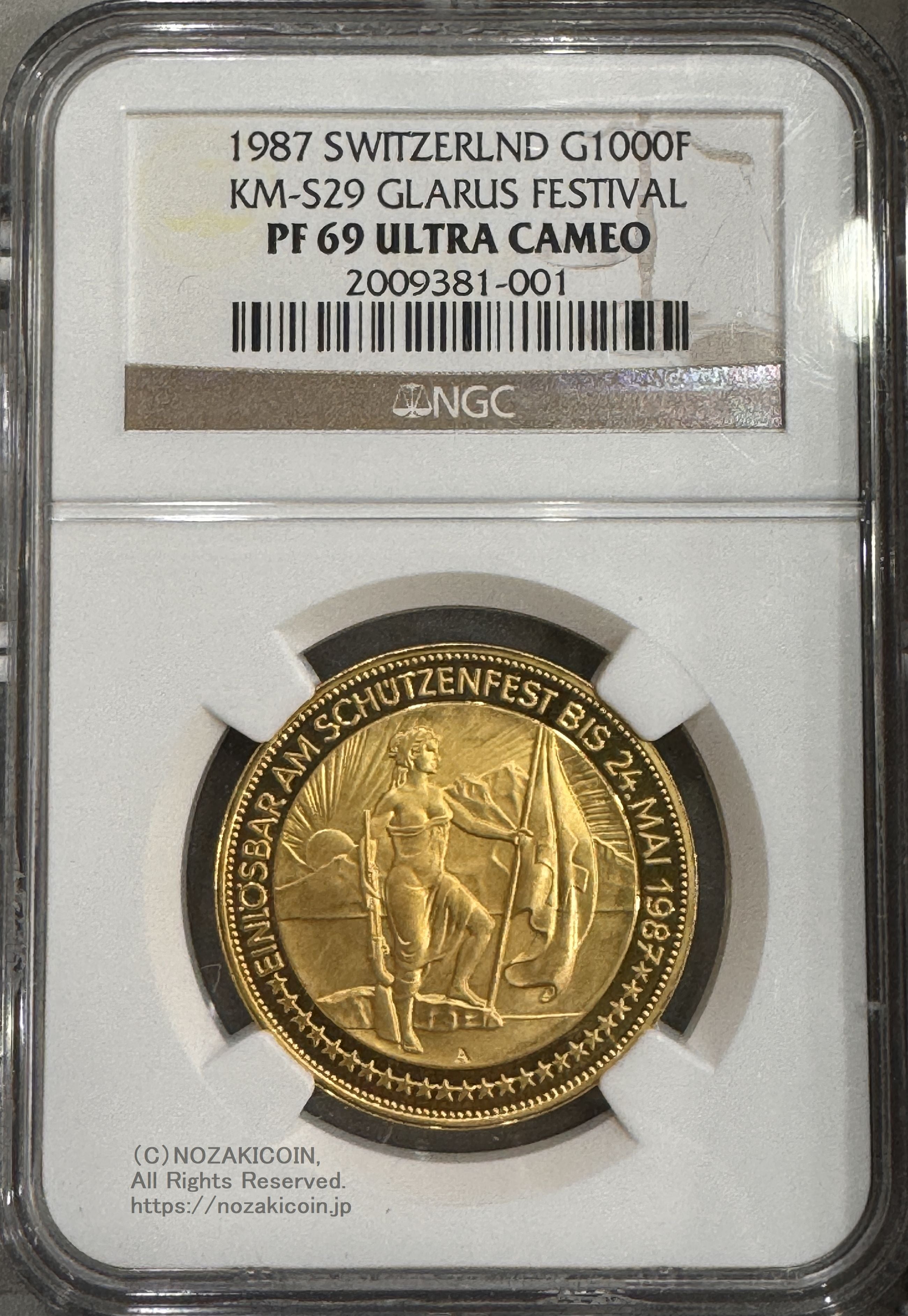 スイス 射撃祭 1000フラン金貨 1987 Glarus NGC PF69 ULTRA CAMEO