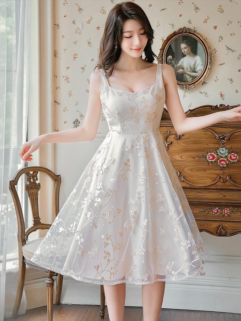 ノースリーブ/エレガント/ワンピース/刺繍/ミディアムドレス/パーティ