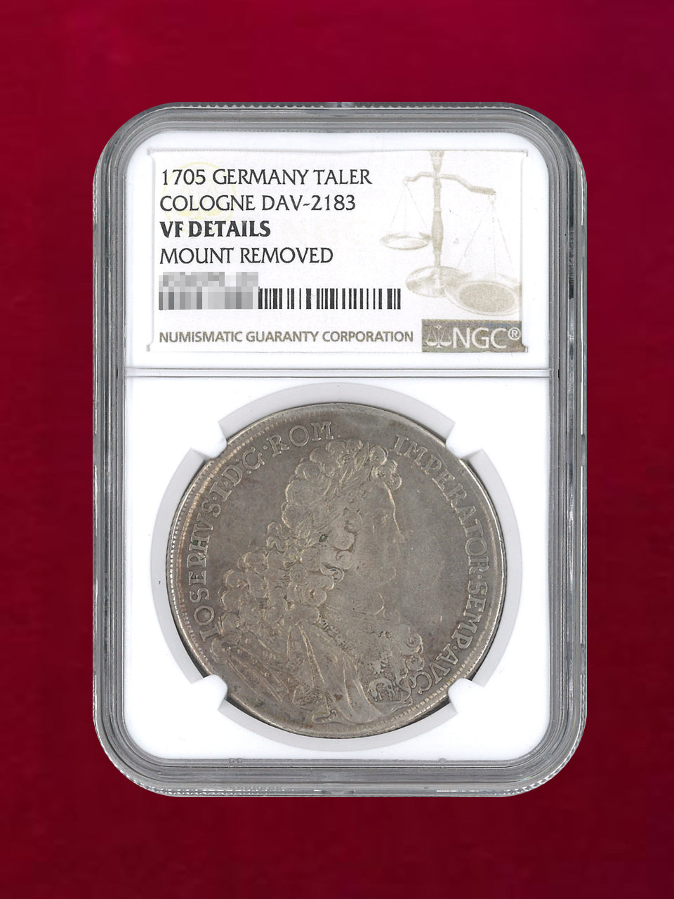 ドイツ・ケルン】ターラー 銀貨 COLOGNE 1705 NGC VF DETAILS MOUNT