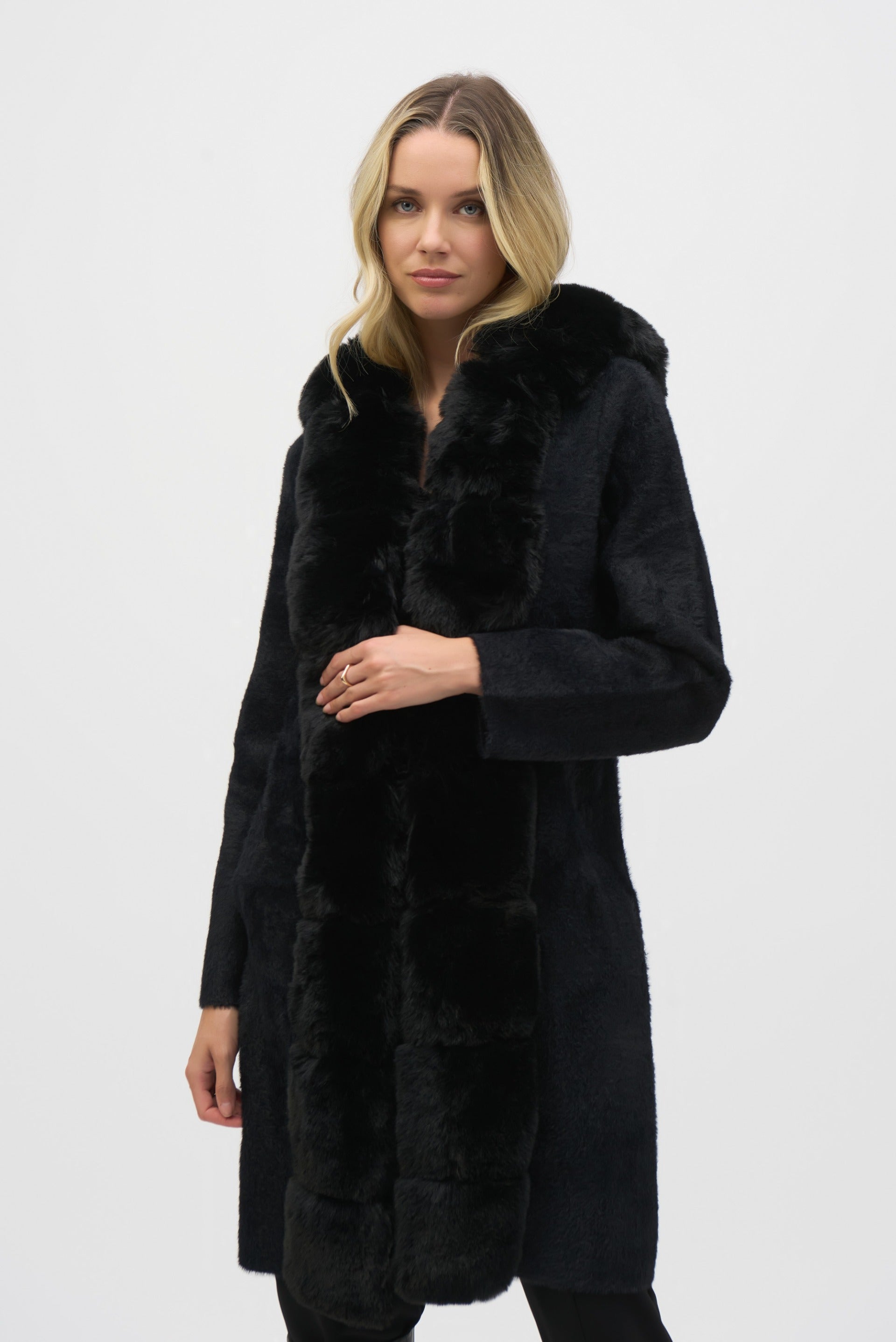 Joseph Ribkoff Black Faux Fur Hooded Coat Style 244929 – DECABANA