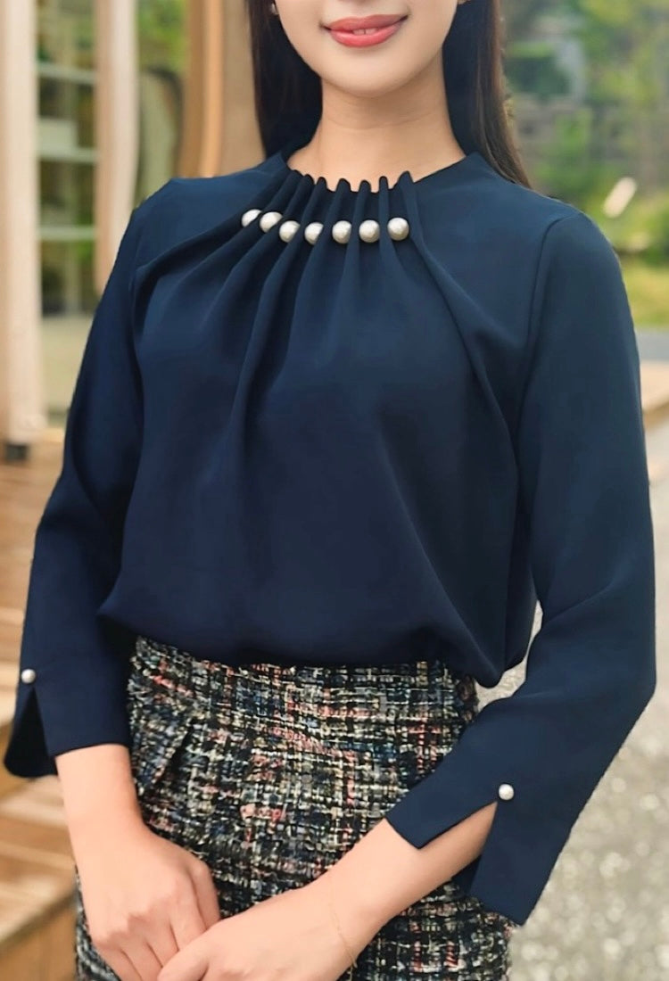 追加販売】ブラウス 襟立体パール 袖口スリット 長袖 フェリーシェル