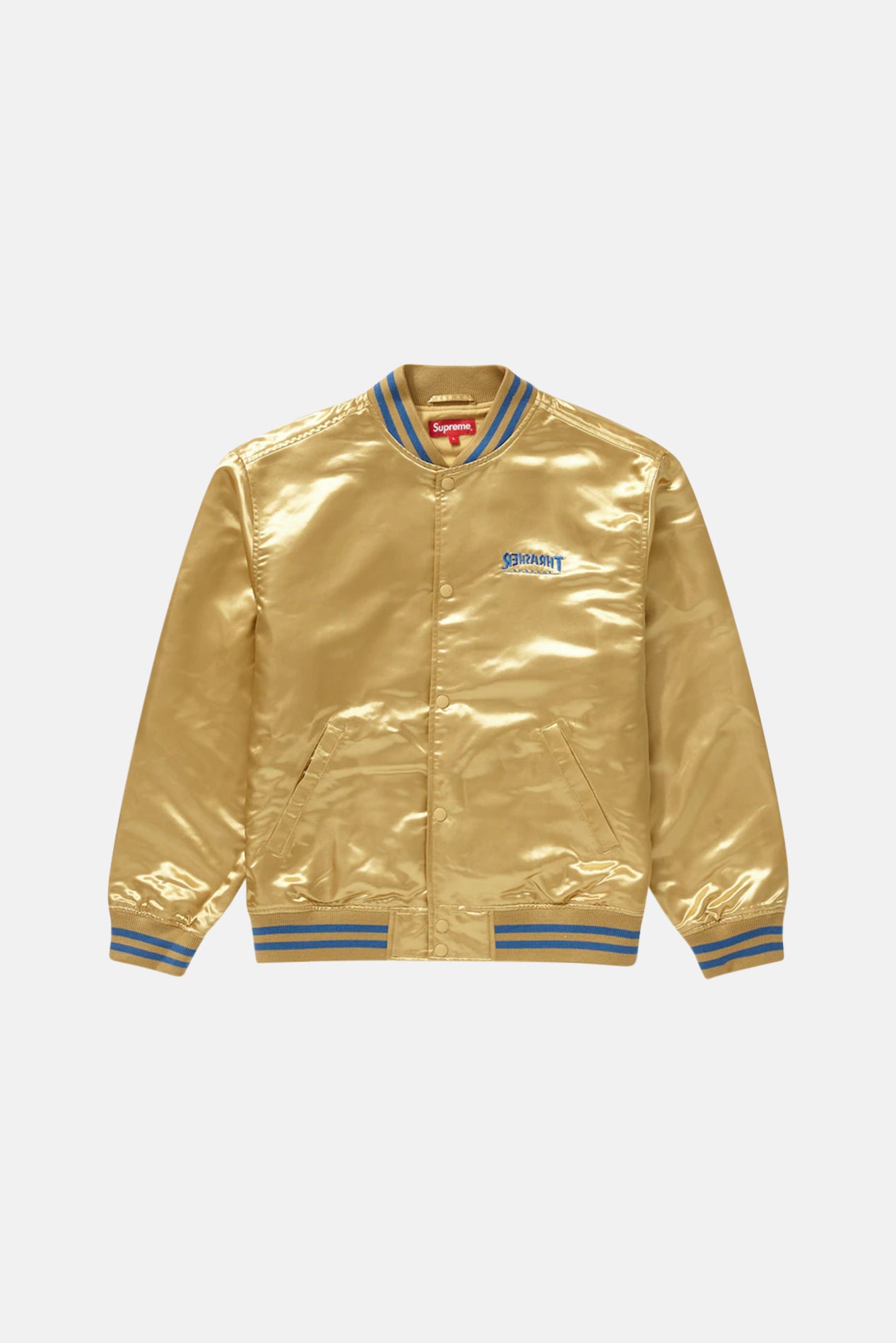 x Thrasher Satin Varsity Jacket Gold – blueandcream