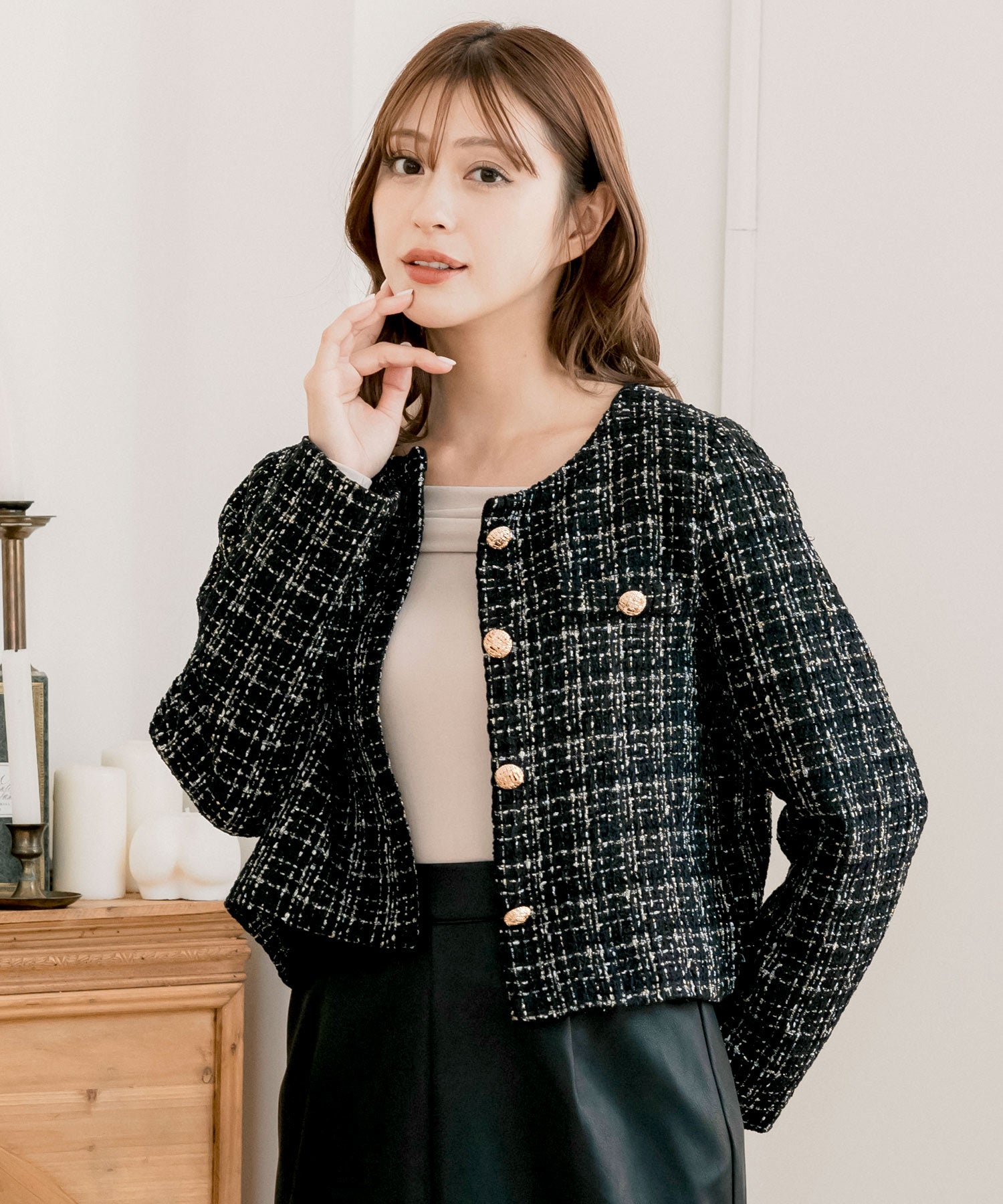 ノーカラーツイードジャケット JB24541 | レディースファッション通販