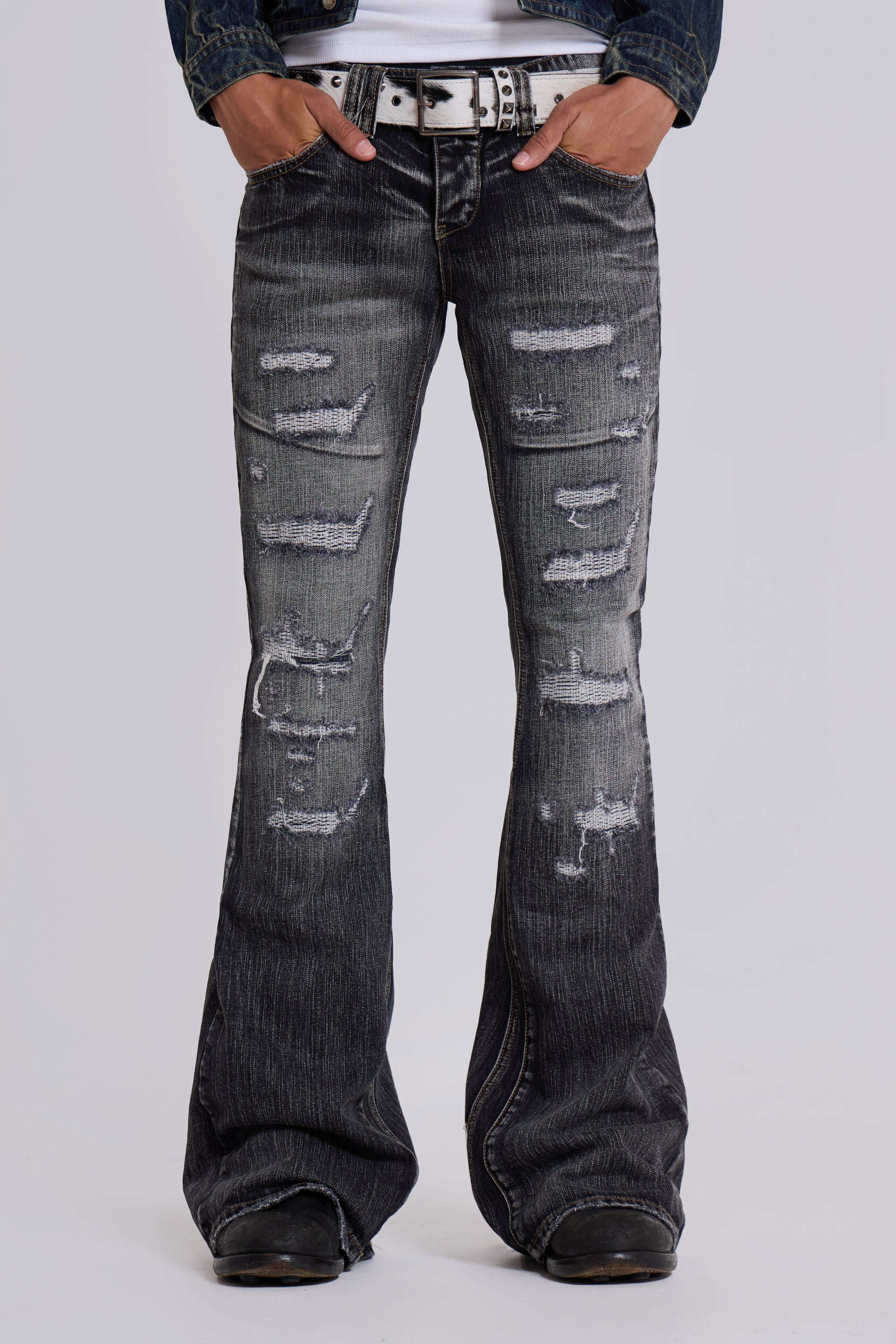 Washed Black Laced Bootcut Jeans | Jaded Man