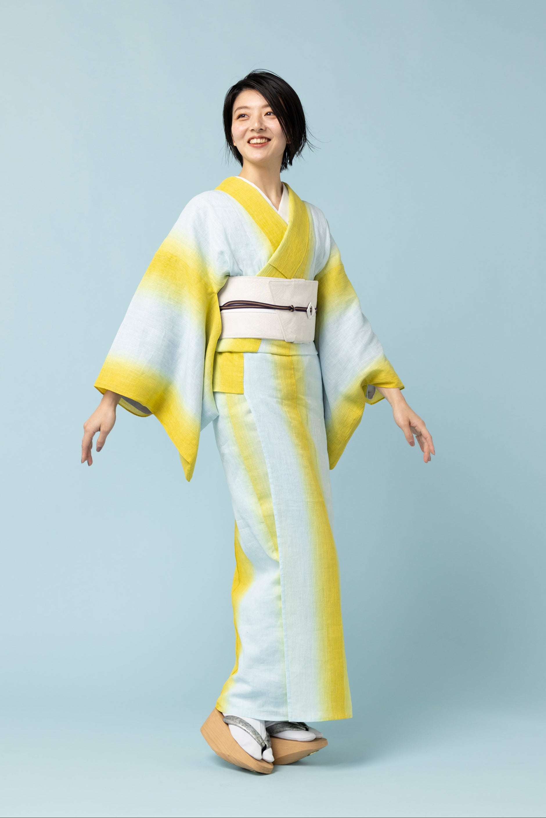 着物｜近江縮｜グラデーション 黄〜水色〜黄｜SLADKY｜単衣