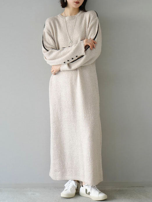 予約]ブークレ配色ラインニットワンピース/ベージュ – Lumier