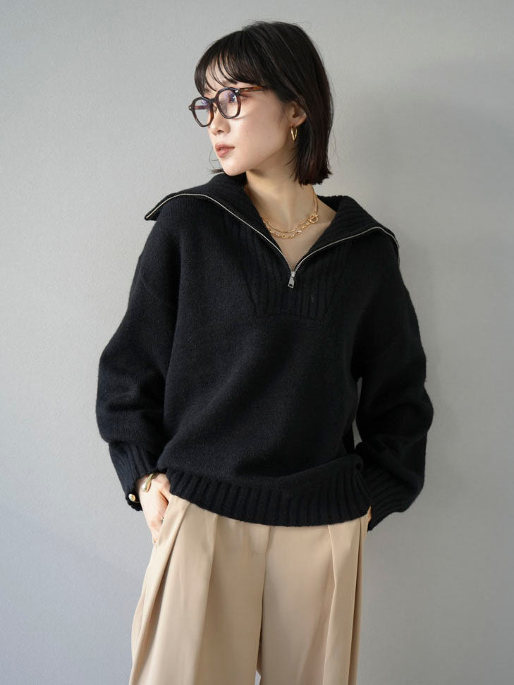 予約]ハーフジップハイネックニットプルオーバー/ブラック – Lumier
