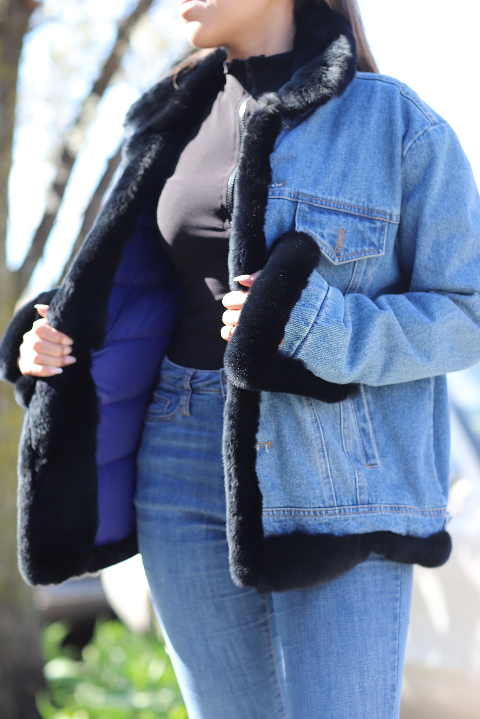 Denim Jacket w/ Rex Rabbit Fur Trim - Natural – La Fiorentina