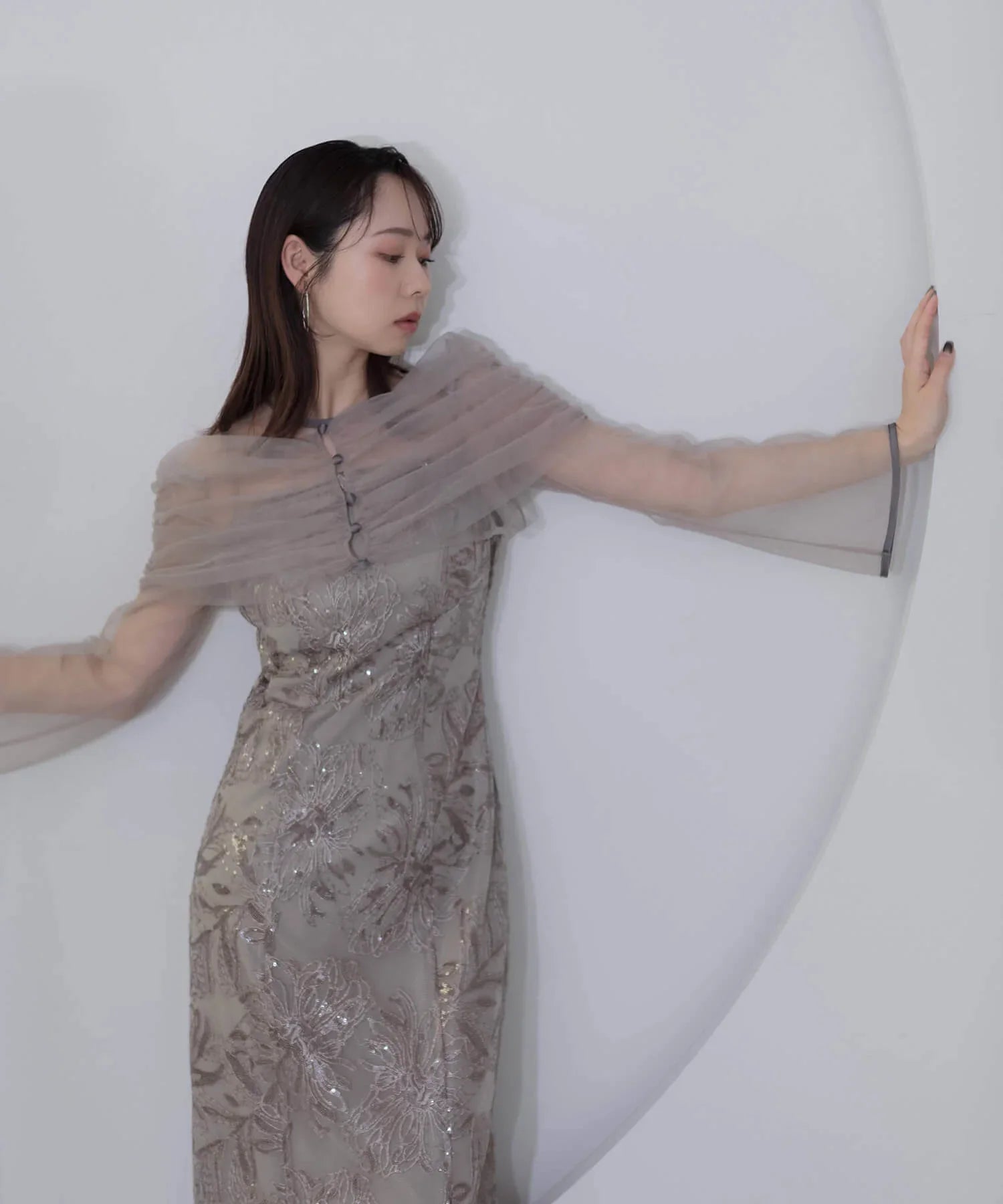 一部当日発送】チュールオフショルダー花柄Iラインドレス/パーティー