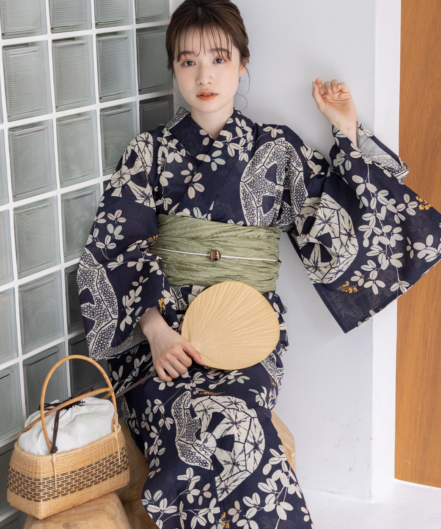 こだわり浴衣5点セット(浴衣/帯/下駄/腰紐/着付け冊子) 麻混 綿麻 先