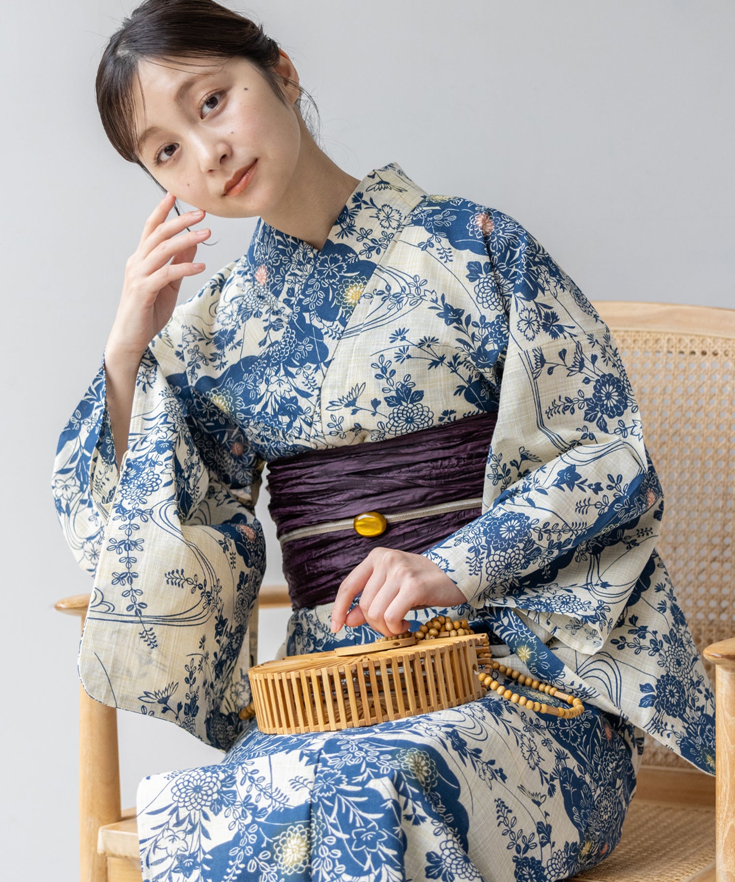 こだわり浴衣5点セット (浴衣/帯/下駄/腰紐/着付け冊子) 麻混 綿麻 先