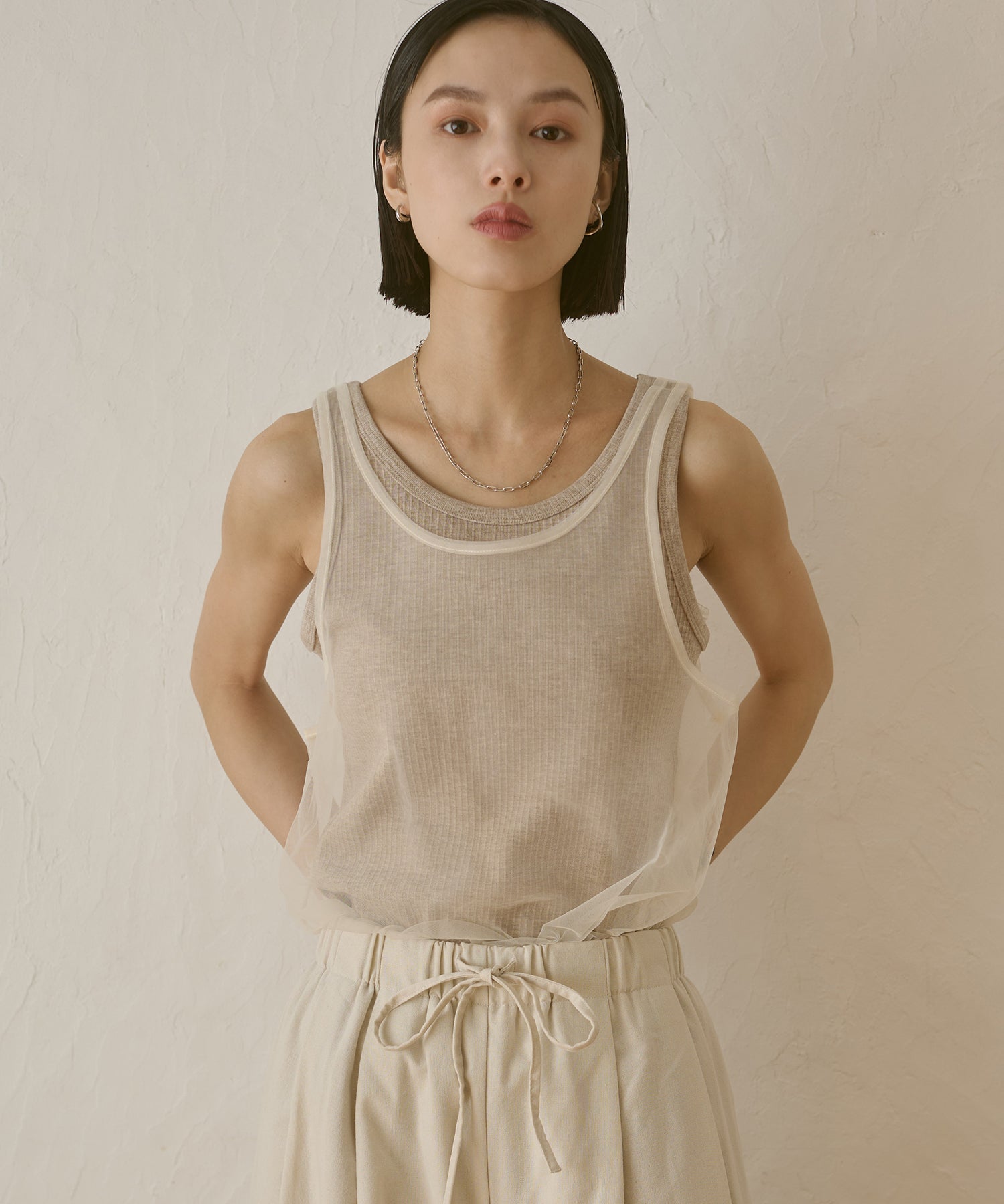 チュールレイヤード リブタンクトップ