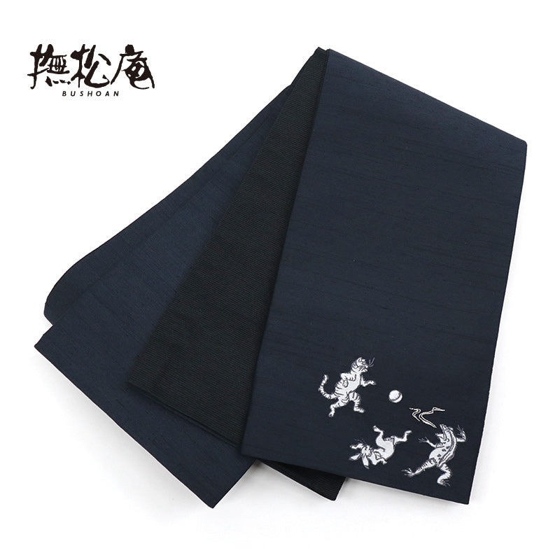 撫松庵》半幅帯 レディース リバーシブル半巾帯 浴衣 着物 紺 猫獣戯画