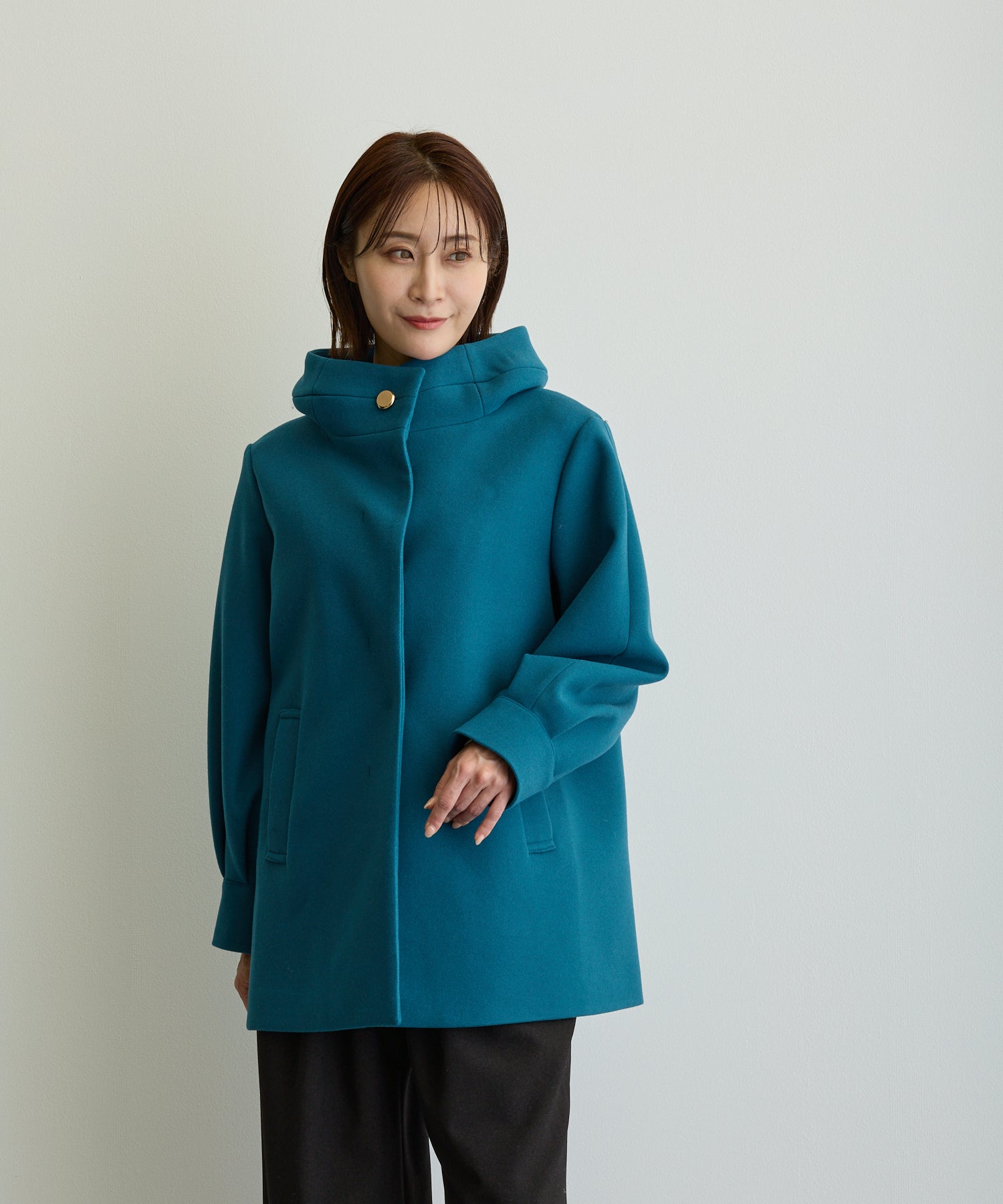 デザイン立体スタンドカラーミドルコート/ブルーグリーン【日本製