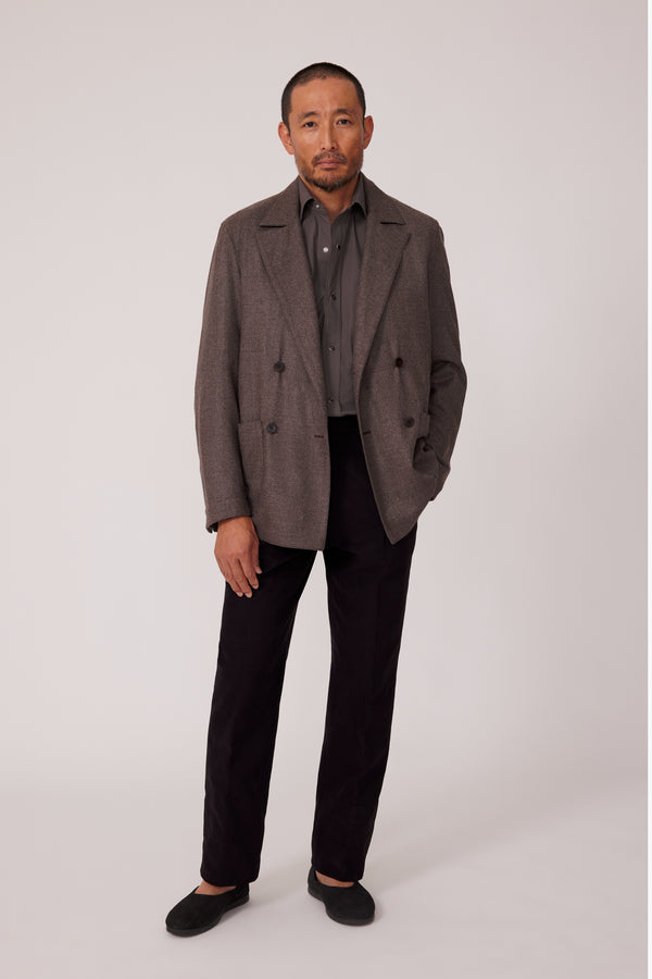Double Breasted Shirt Jacket (Walnut Wool Silk Twill) - Stoffa