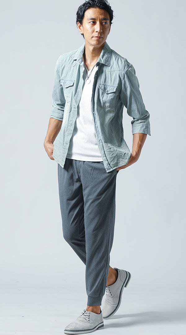 サックスデニムシャツ 白Tシャツ グレーパンツ snp_jz0568の