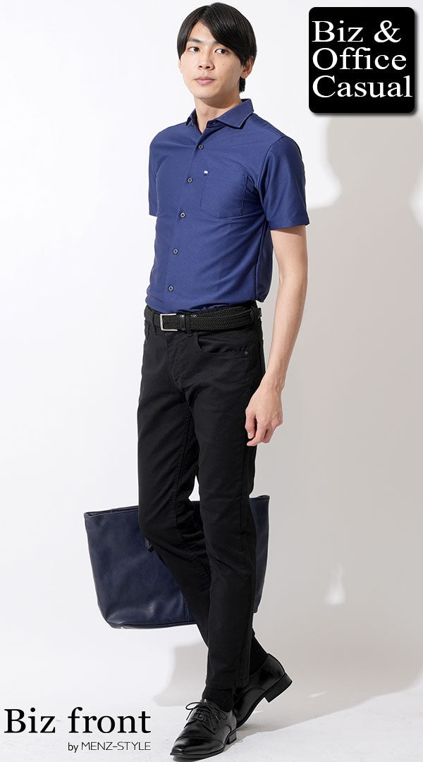 20代】半袖ネイビーポロシャツ×黒チノパン biz23ss0422の