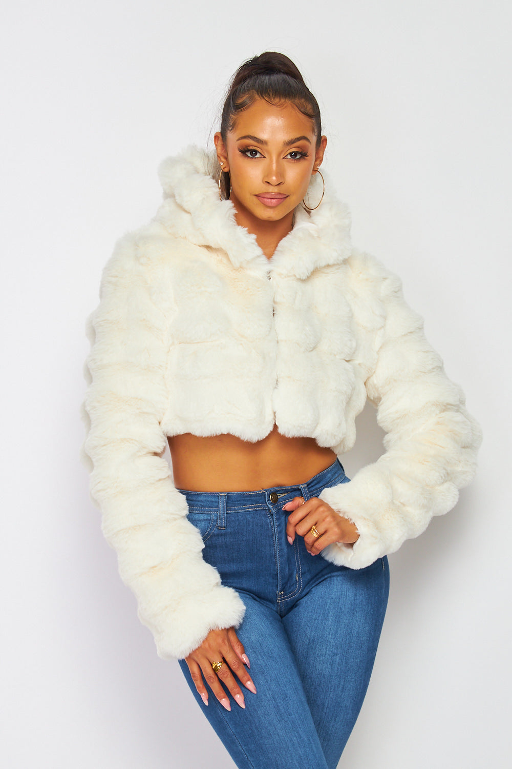 Hot & Delicious - Faux Fur Hooded Crop Jacket - Ivory – Shop VIP Wear