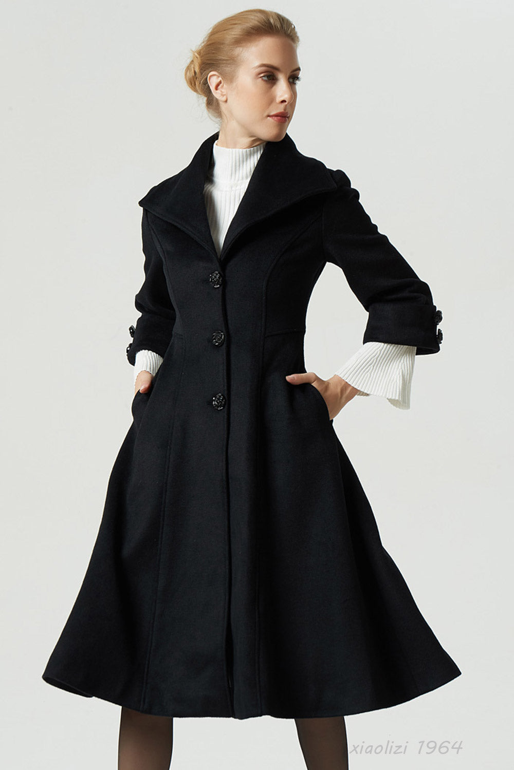 Black Wool Winter Coat – Big Lapel Fitted Midi Coat with 3/4