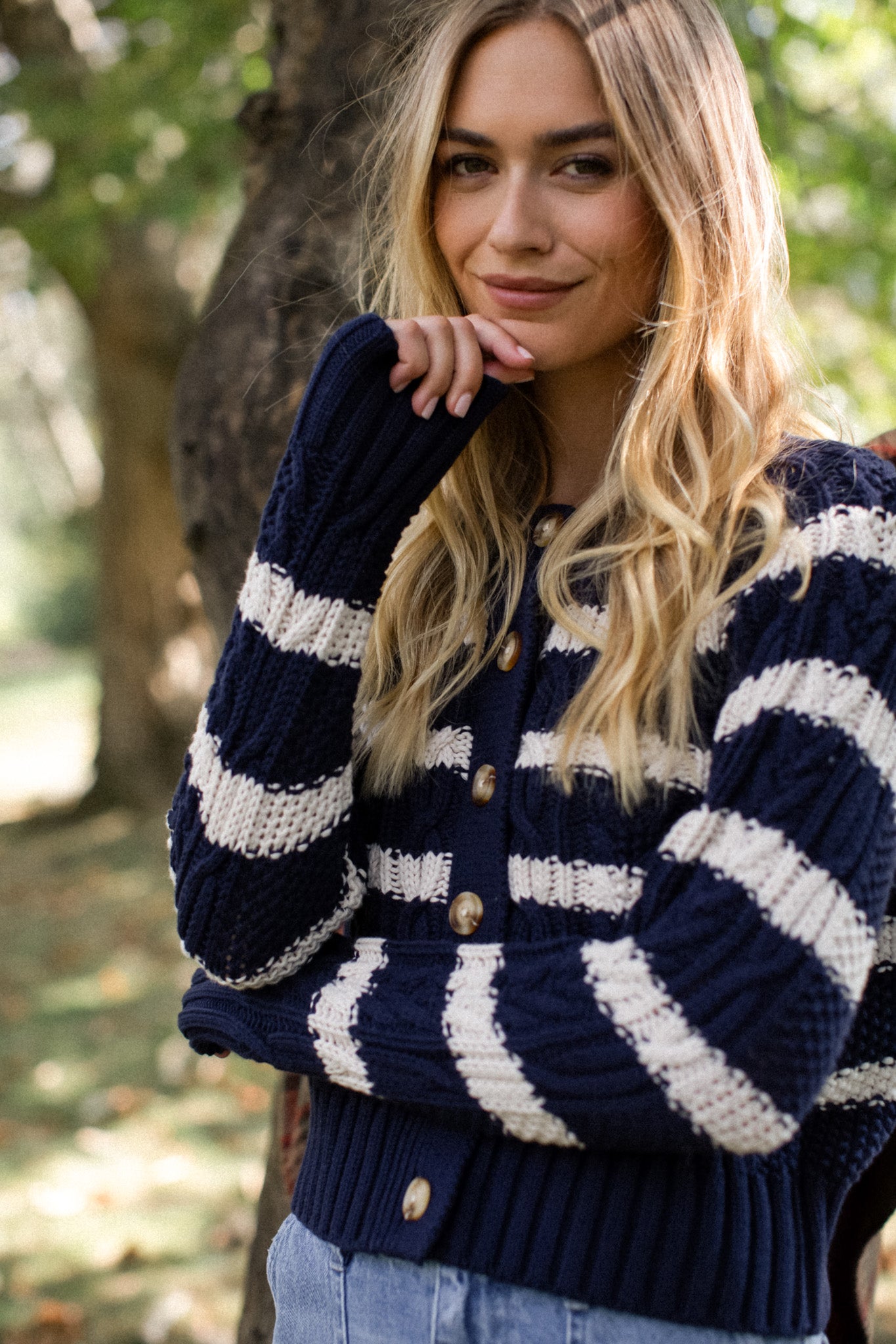 Striped Cable Cardigan - Navy/Ivory Stripe – Marea by Liz Joy
