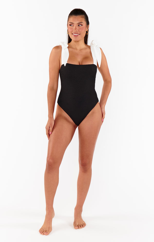 Hudson One Piece ~ Black Scrunch with White Bow – Show Me Your Mumu