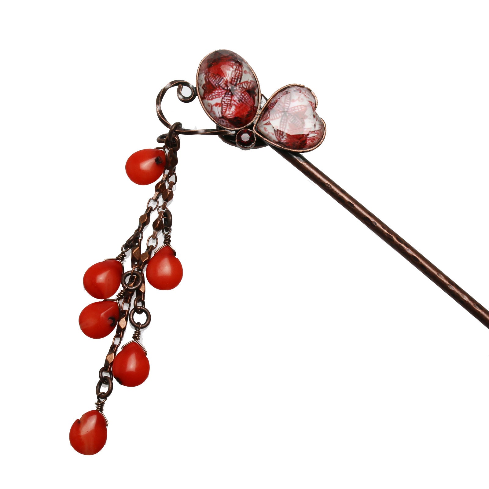 かんざし 蝶 赤 珊瑚 一本挿し 和装にも洋装にもどうぞ。これ一本でお