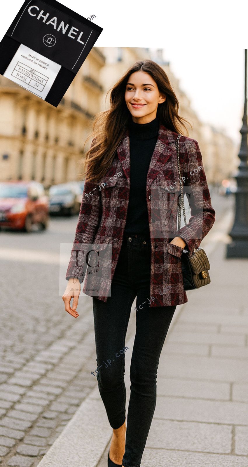 CHANEL シャネル タータンチェック 柄 シルク52%カシミヤ48