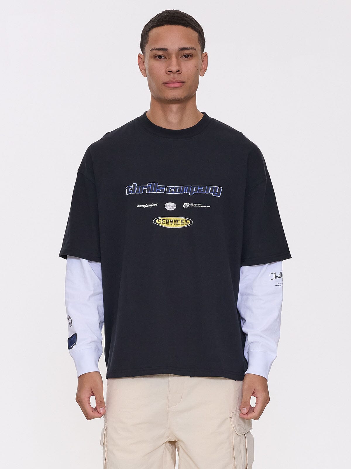 Fractured Layered Box Fit Oversize Long Sleeve Tee in Black