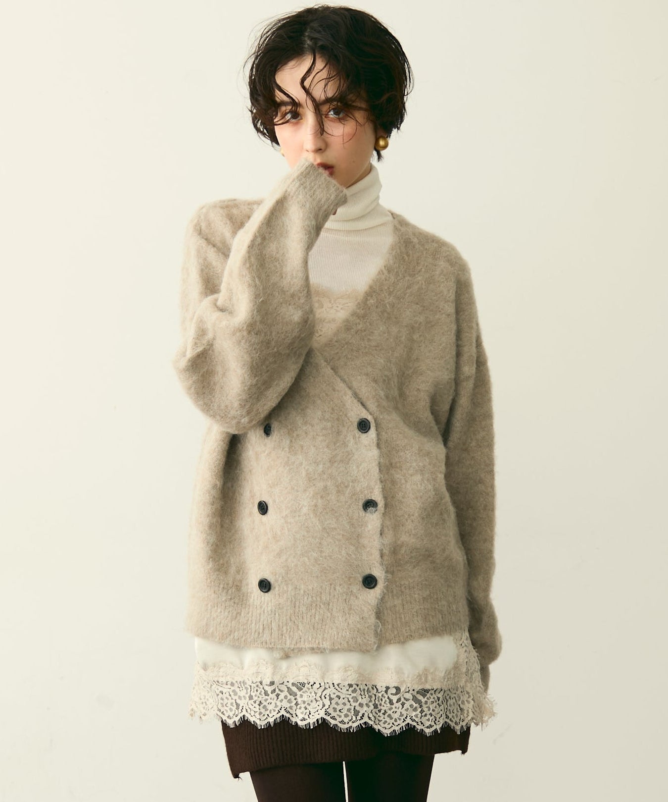モヘアタッチシャギーダブルブレストカーディガン | Trish