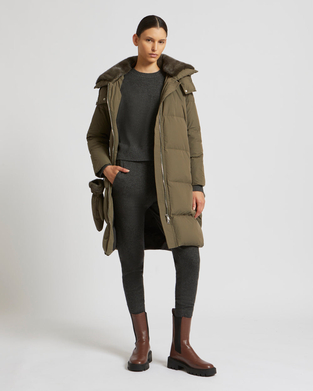 Long down jacket in waterproof technical fabric with mink fur