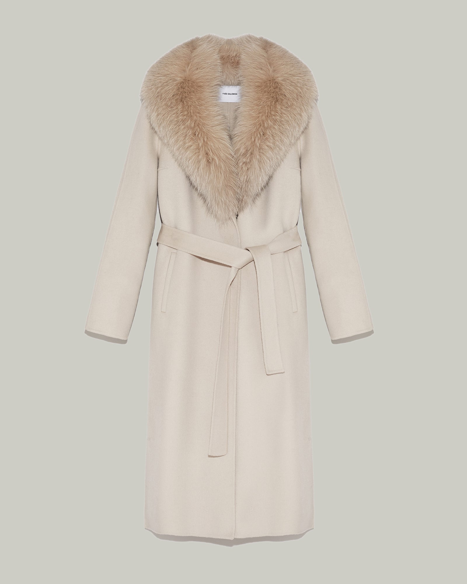 Long cashmere coat with fox fur collar - beige - Yves Salomon