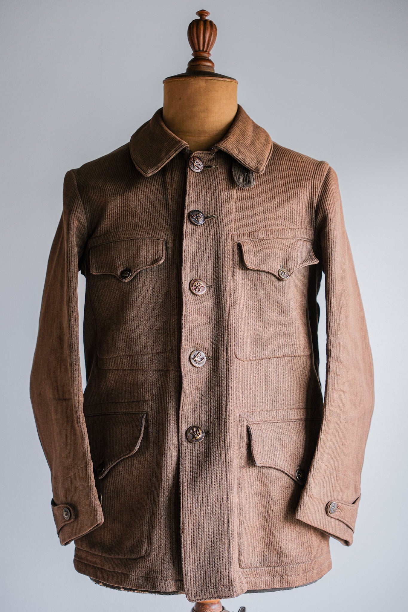 30's】French Vintage Brown Cotton Pique Hunting Jacket With Chin Stra