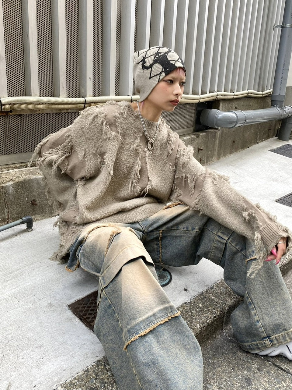 受注制【Never mind the XU】grunge denim cargo pants (2color