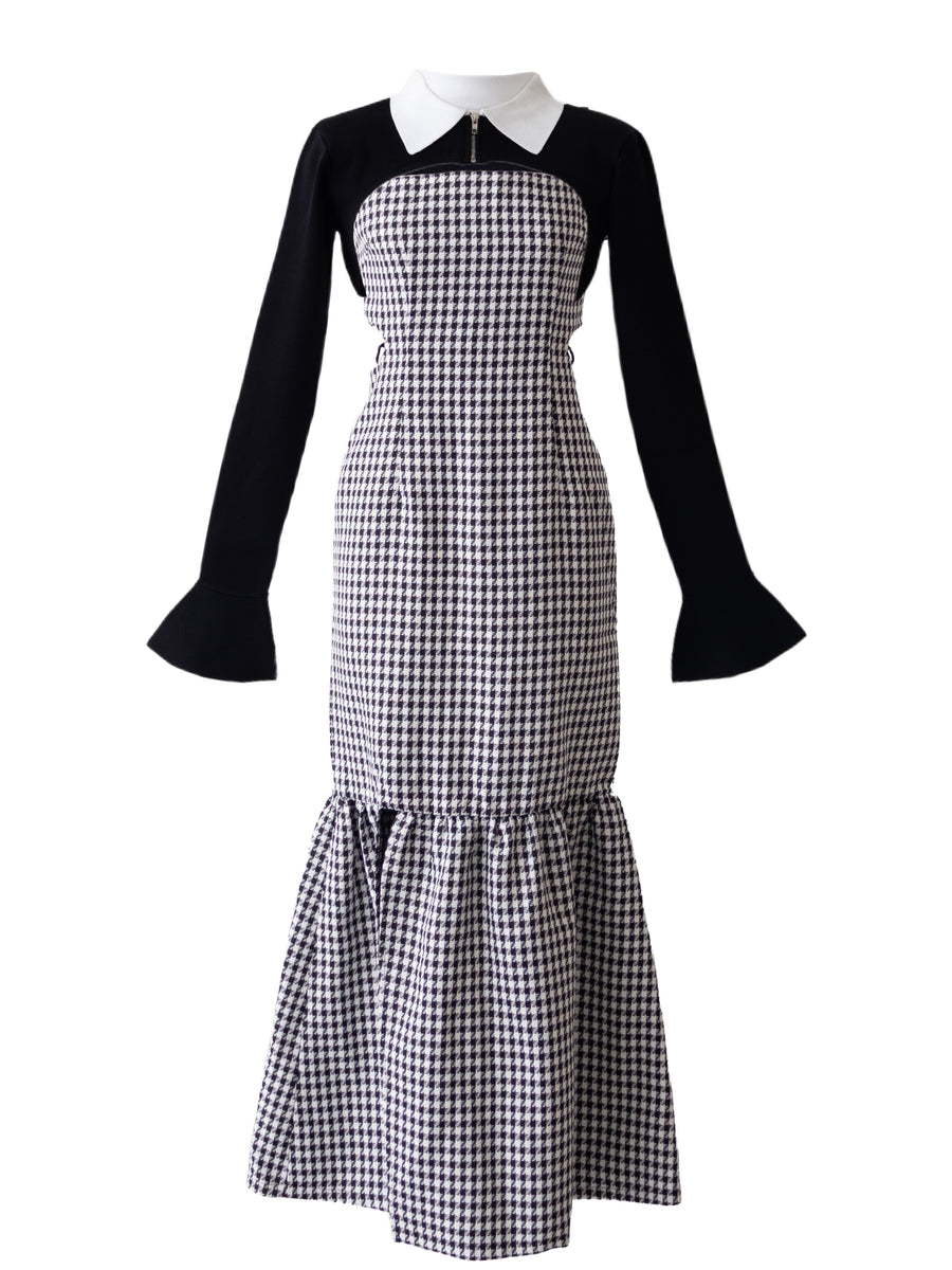 Scheduled to ship in late December] Back open houndstooth ensemble