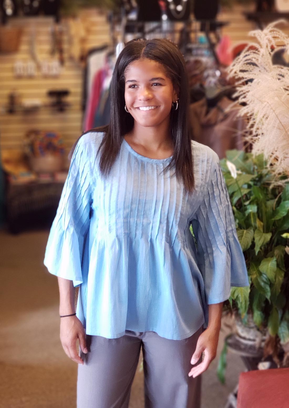 Pleated 3/4 Sleeve Top Sky Blue – Zumi