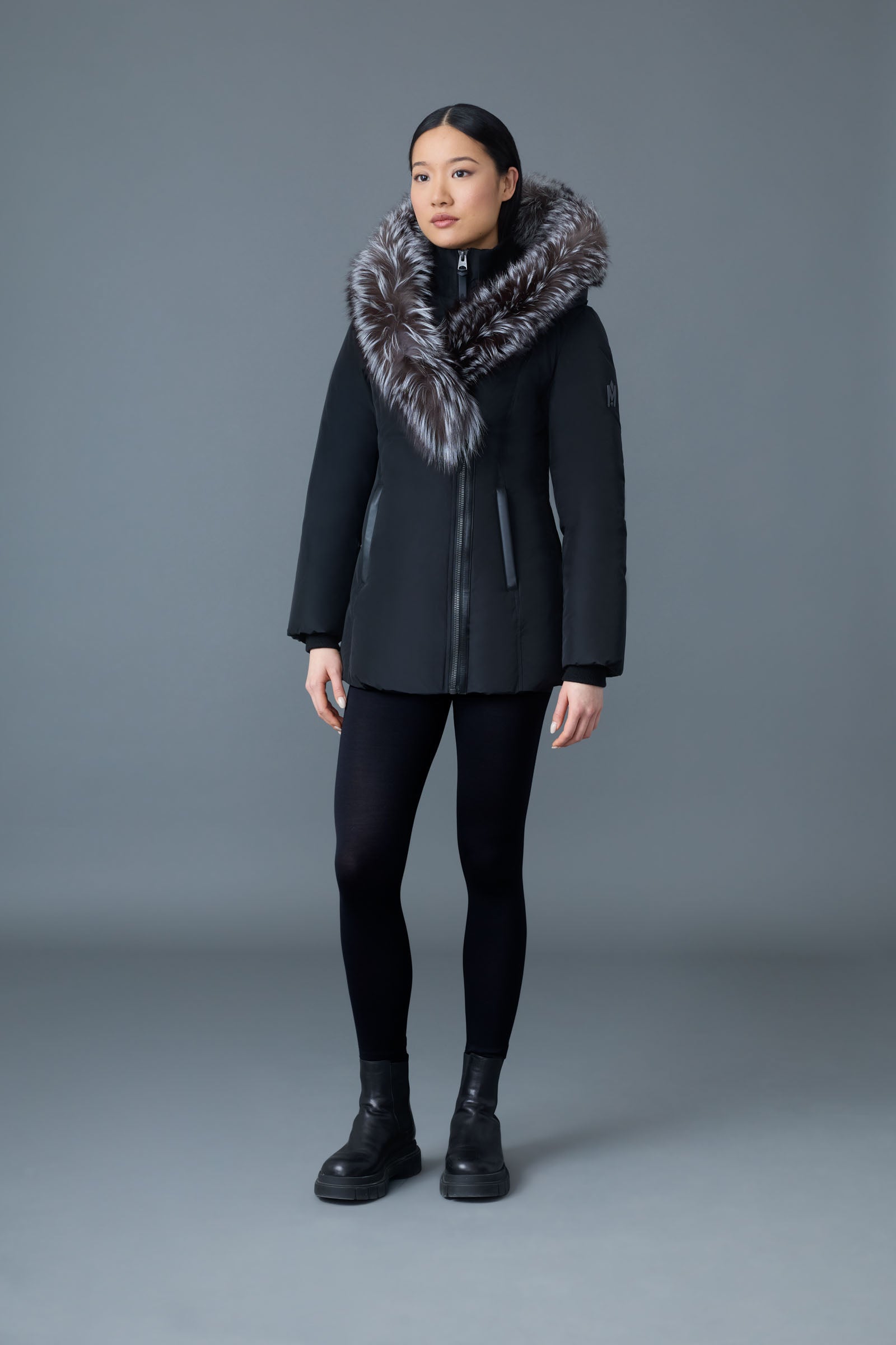 Adali-X, Down coat with silver fox fur Signature Mackage Collar
