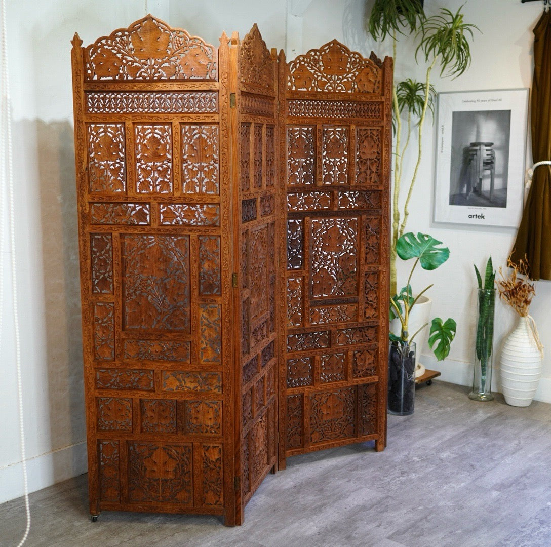 4連パーテーション チーク ヴィンテージ アジアン ぶどう 間仕切り 4連