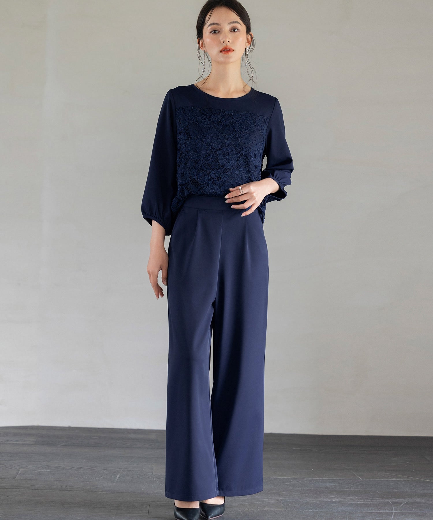 結婚式・お呼ばれ対応パンツドレス】レース7分袖トップス＆スラックス