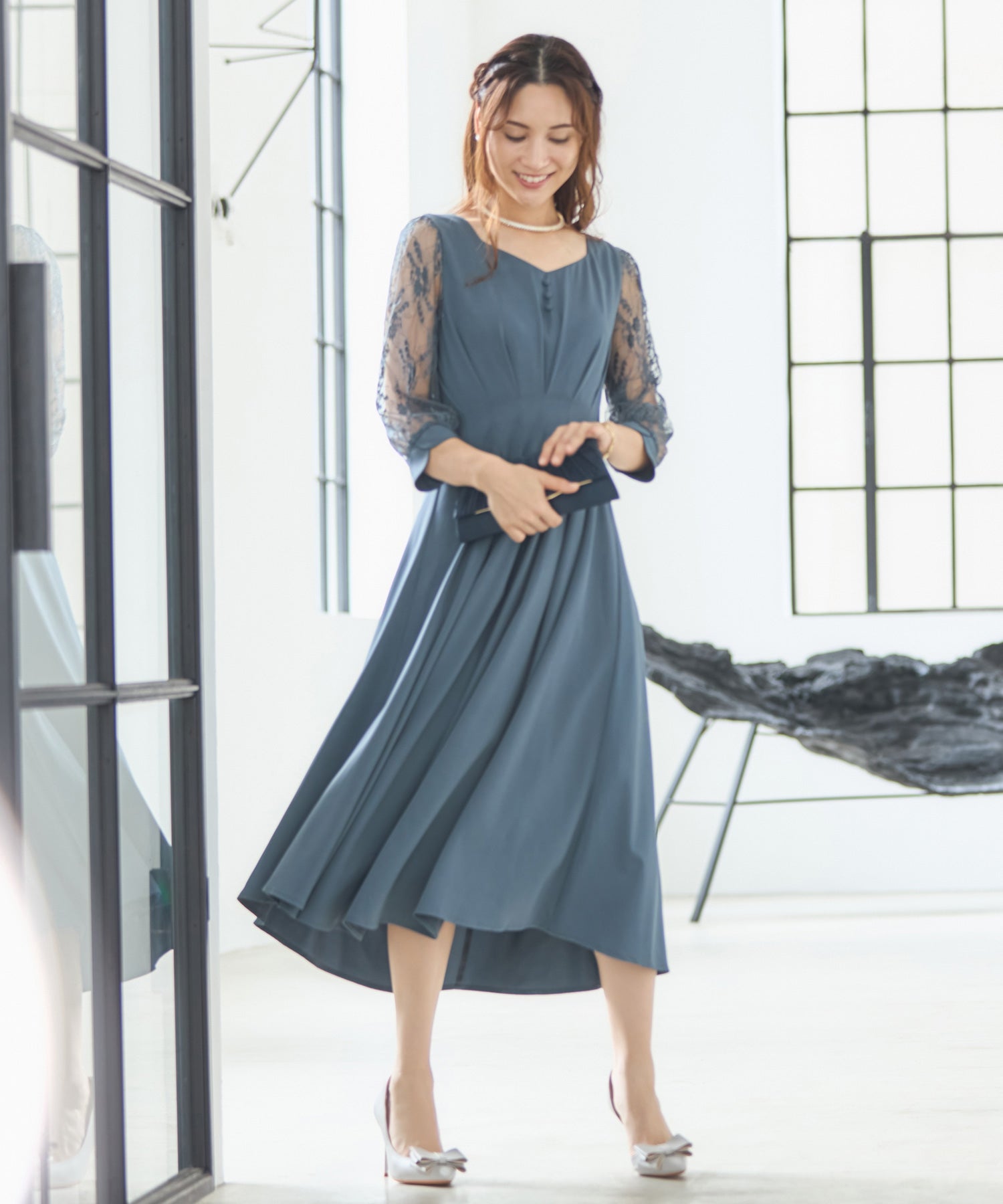 ワンピース ドレス フレア Aライン ミモレ丈 袖付 ウエスト切替 結婚式