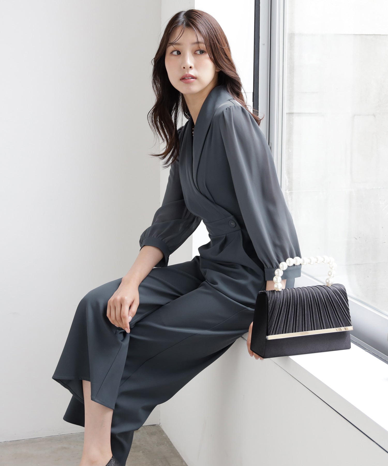 ジャンプスーツ パンツドレス シフォン S M L XL パーティー 結婚式