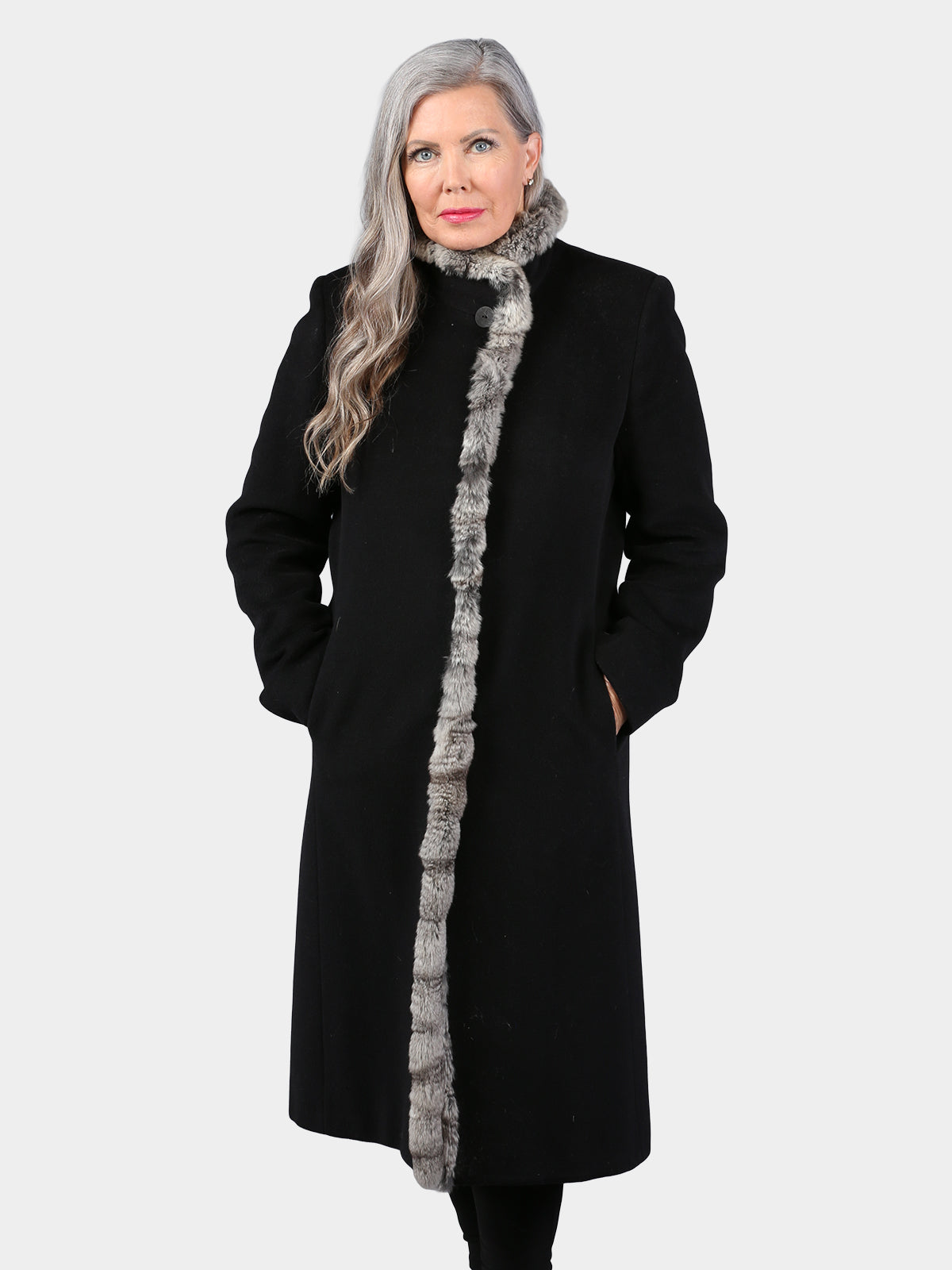 Woman's Black Virgin Wool Coat with Natural Chinchilla Fur Trim
