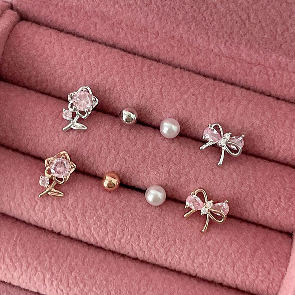 4個SET]ピンク フラワー キュービック 花 ピアスピアス セット (2Color