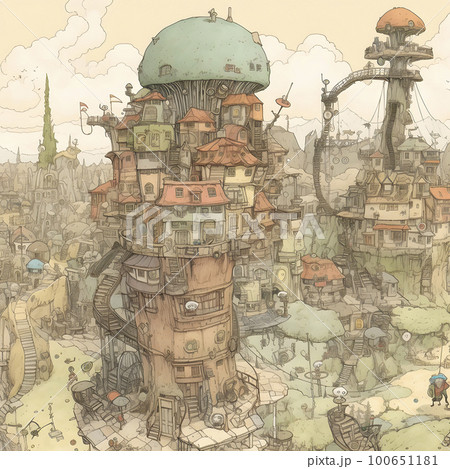 スチームパンク的な街並み コンセプトアート「AI生成画像」のイラスト