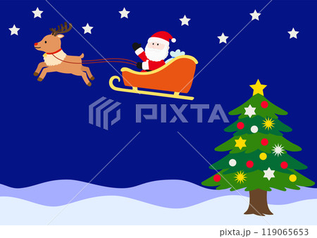 トナカイがひくソリに乗ったサンタクロースが夜空を駆けるイラストの