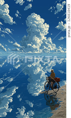 夏の青空と白い雲が広がる海の上を自転車で走る少女の幻想シーン｜透明