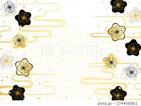 金銀の梅の花と日本の伝統模様を組み合わせた華やかな背景イラストの