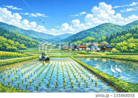 日本の里山風景 田んぼ 田植え 春 アニメ風のイラスト素材 [135868058