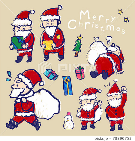 版画風の手描きかわいいイラストセット）クリスマスにプレゼントを